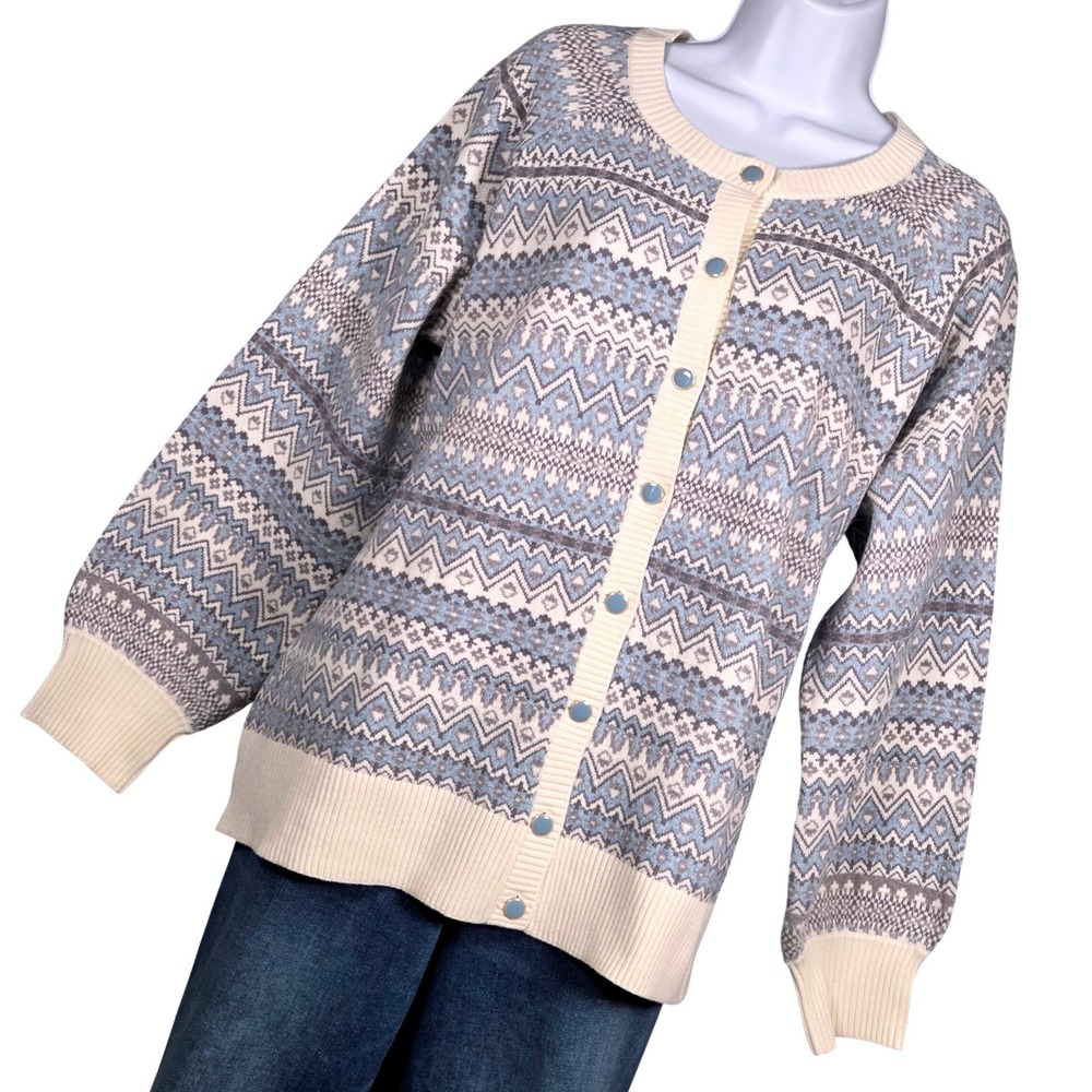 Cynthia Rowley Women 2X Cardigan Sweater Blue Fair Isle Geometric Knit Winter